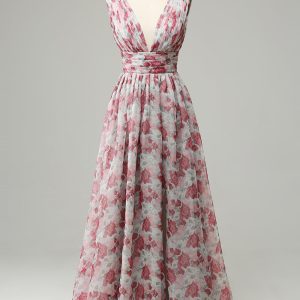 Grey and Pink A Line V Neck Floral Floor-Length Formal Dress
