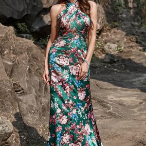 Green Mermaid Halter Print Floral Long Satin Bridesmaid Dress