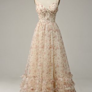 Apricot A Line Spaghetti Straps Print Long Formal Party Dress with Slit