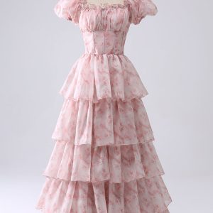 Blush A-Line Tiered Corset Prom Dress With Puff Sleeves