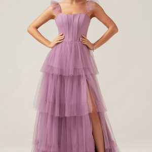 A Line Spaghetti Straps Tiered Floor Length Tulle Purple Bridesmaid Dress