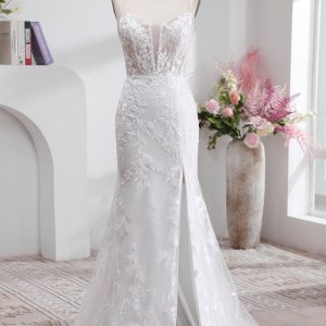 White Mermaid Spaghetti Straps Split Front Wedding Dress With Appliques