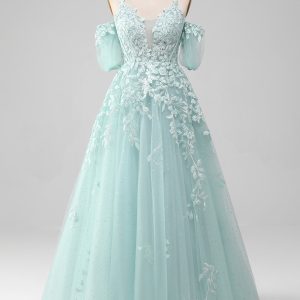 Ball-Gown Off The Shoulder Beaded Mint Prom Dress With Appliques