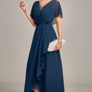 Navy A-Line Asymmetrical Sequins Mother of the Bride Dress With Beading