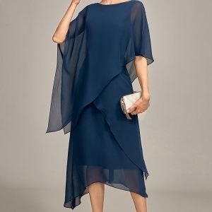 Navy A-Line Scoop Neck Chiffon Mother of the Bride Dress
