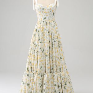 Ivory Flower A Line Spaghetti Straps Print Pleated Long Prom Dress