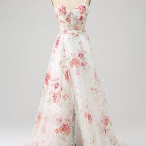 Elegant Sparkly Ivory Flower A Line Sequin Corset Prom Dress With Slit