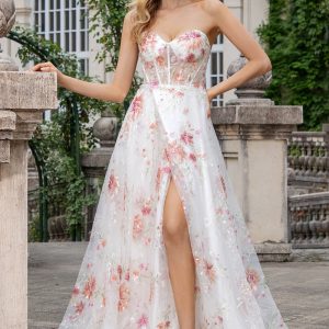 Elegant Sparkly Ivory Flower A Line Sweetheart Sequin Corset Party Dress With Slit