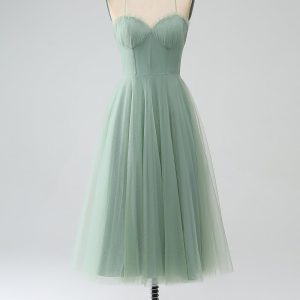 Matcha A-Line Spaghetti Straps Tea-Length Corset Tulle Bridesmaid Dress