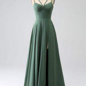 Eucalyptus A-Line Spaghetti Straps Pleated Chiffon Bridesmaid Dress With Slit