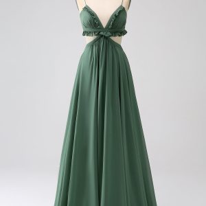 Eucalyptus A-Line Spaghetti Straps Backless Chiffon Long Bridesmaid Dress