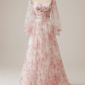 Ivory Flower A-Line Off The Shoulder Print Prom Dress with Slit