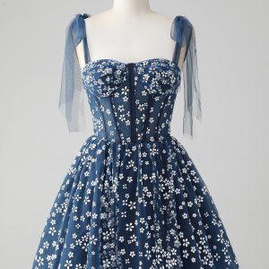 Cute A Line Spaghetti Straps Print Corset Navy Short Homecoming Dress