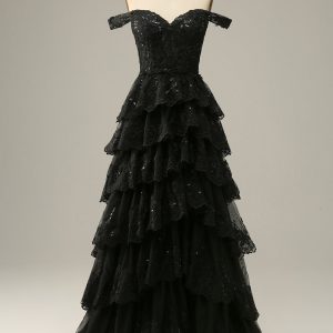 Black A Line Off The Shoulder Tiered Tulle Long Prom Dress With Slit