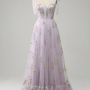 Lavender A Line Spaghetti Straps Corset Long Prom Dress With Embroidery