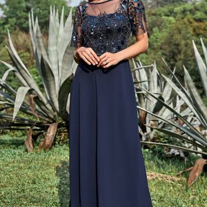 Navy Sheath Round Neck Appliques Sequin Floor Length Dress