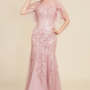 Grey Pink Mermaid Tulle Mother of the Bride Dress with Lace