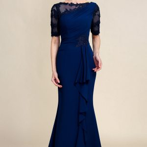 Navy Sheath Floor Length Mother of Bride Dress with Appliques