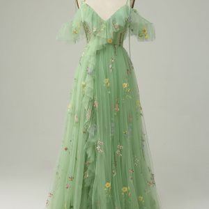 Green A-Line Spaghetti Straps V-Neck Embroidered Prom Dress with Slit
