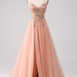 Sparkly Blush A-Line Spaghetti Straps Beaded Long Prom Dress With Slit