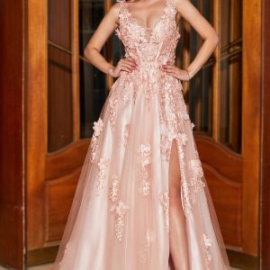 Blush A-Line Spaghetti Straps Long Appliqued Prom Dress with Slit