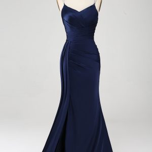 Navy Mermaid Spaghetti Straps Pleated Sequin Maxi Dress With Slit