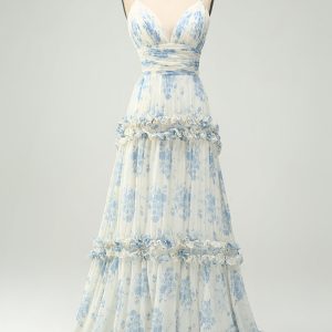 A-Line Spaghetti Straps Pleated White Blue Flower Maxi Bridesmaid Dress