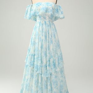 A Line Off The Shoulder Tiered White Blue Floral Maxi Dress