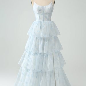 Light Blue A-Line Spaghetti Straps Tiered Maxi Dress with Slit