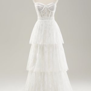White A Line Sweetheart Corset Tiered Long Wedding Dress with Appliques Lace