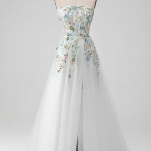 White A Line Strapless Front Slit Tulle Corset Wedding Dress With Embroidery