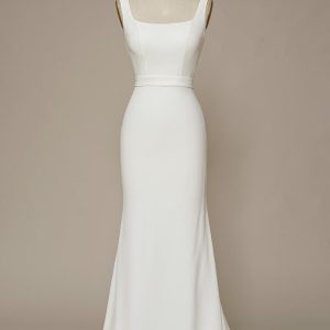 White Mermaid Square Neck Sweep Train Satin Wedding Dress
