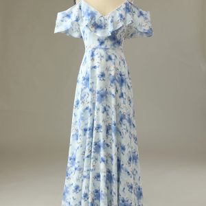 Blue A Line Off the Shoulder Floral Print Long Bridesmaid Dress
