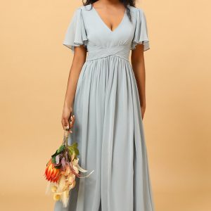 Dusty Blue A Line V Neck Short Sleeves Long Chiffon Bridesmaid Dress