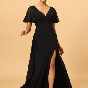 Black A Line V-Neck Long Chiffon Floor Length Dress with Slit