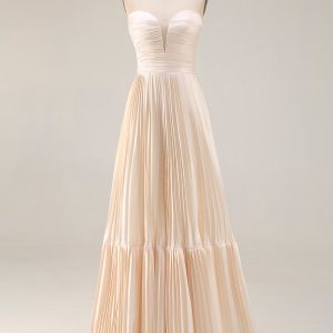 Champagne Strapless A Line Pleated Long Formal Dress