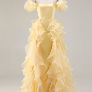 Off the Shoulder Mermaid Yellow Long Prom Dress with Ruffles