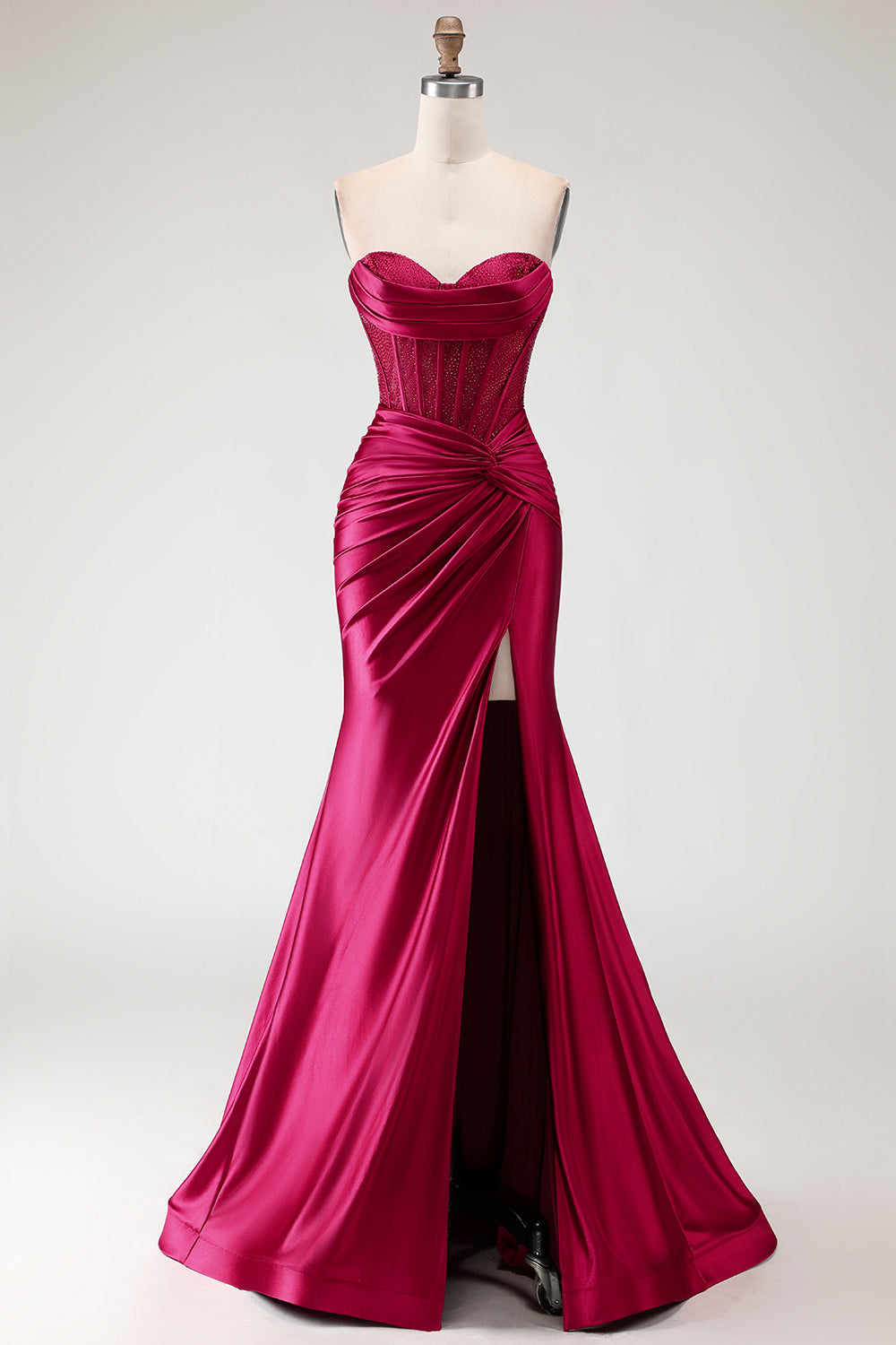 Burgundy Mermaid Sweetheart Corset Beaded Ruched Long Prom Dress with Slit