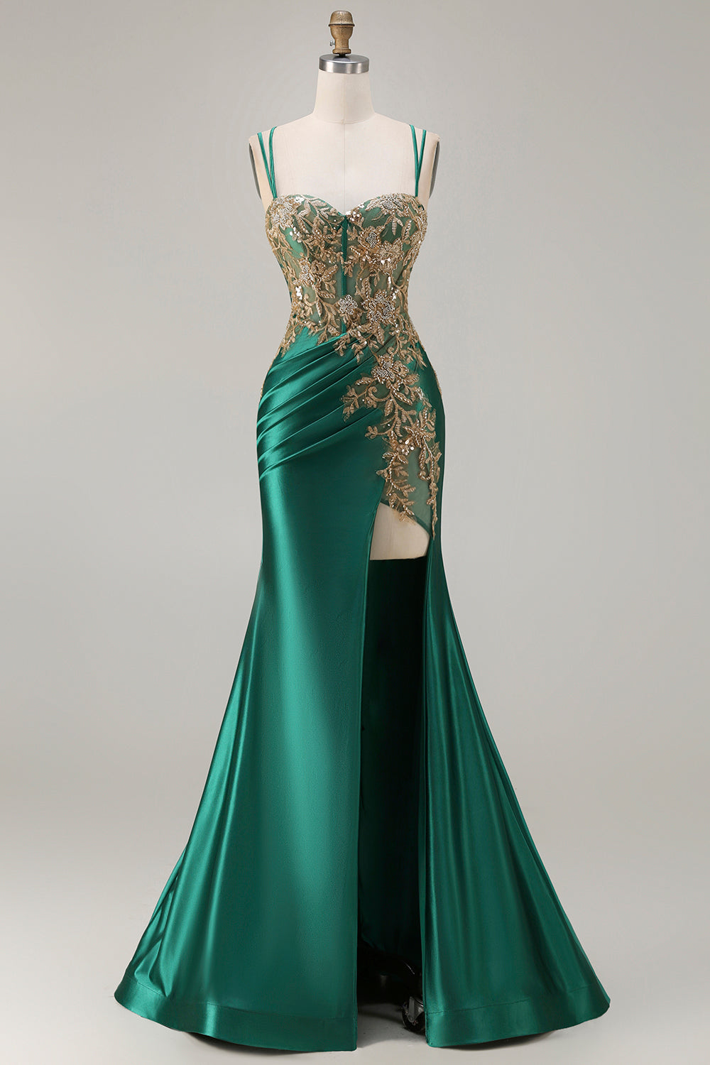Dark Green Mermaid Embroidered Beaded Long Prom Dress with Slit