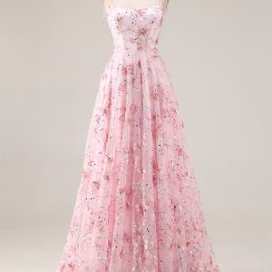 Sparkly Pink Sequin A Line Corset Long Prom Dress with Bows