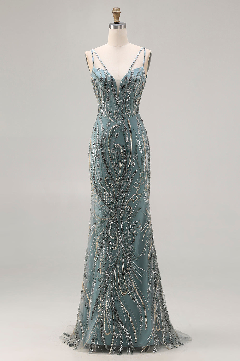 Sparkly Grey Blue Mermaid Beaded Sequin Long Prom Dress