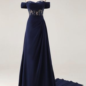 Navy Off the Shoulder A Line Corset Long Prom Dress with Streamer