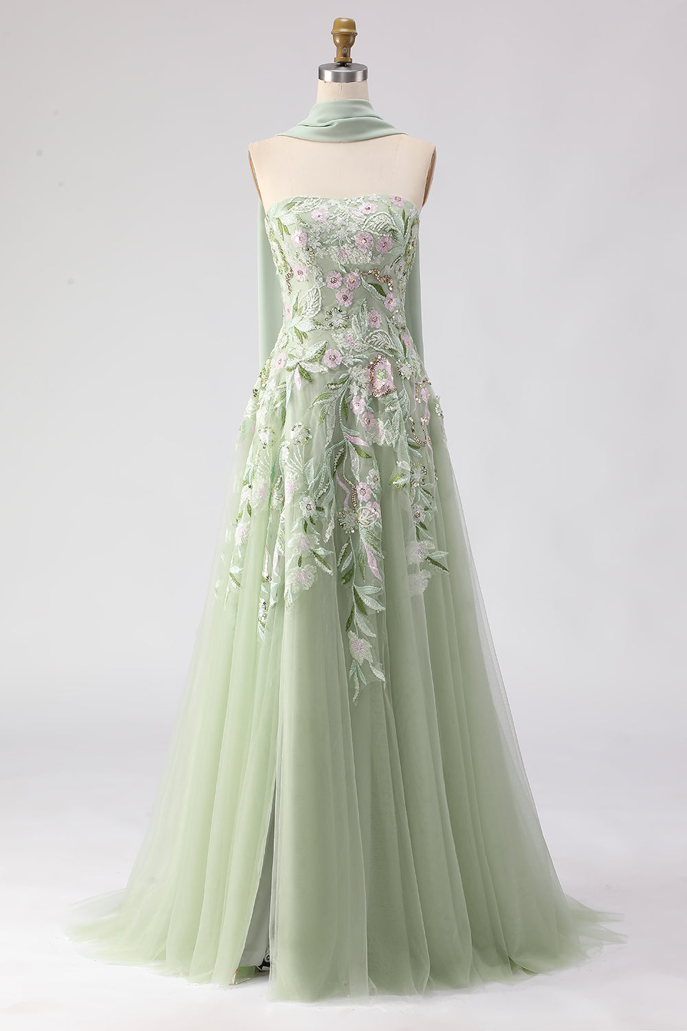 Dusty Sage A Line Strapless Embroidered Long Prom Dress with Slit
