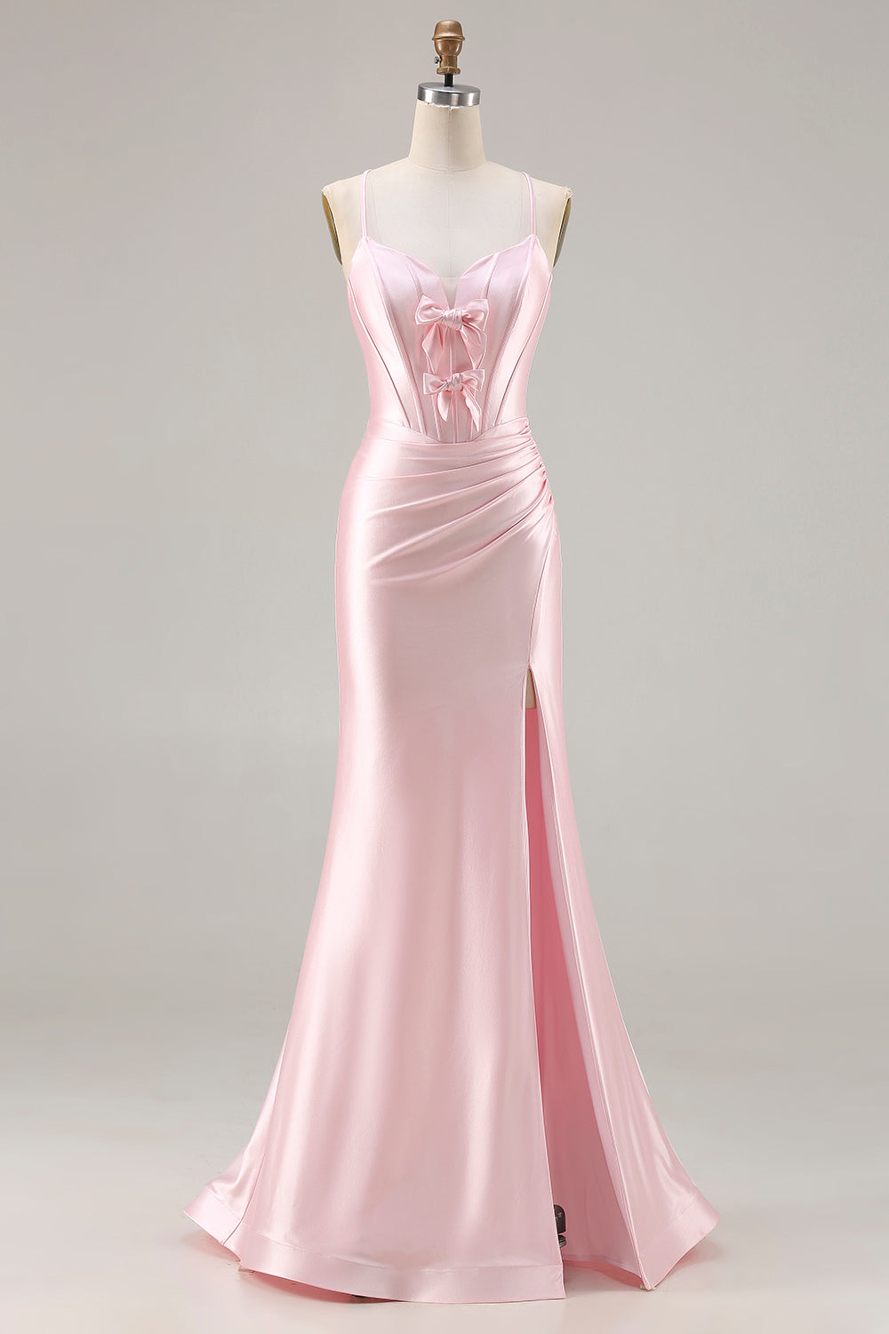 Pink Mermaid Corset Satin Spaghetti Straps Long Prom Dress with Slit