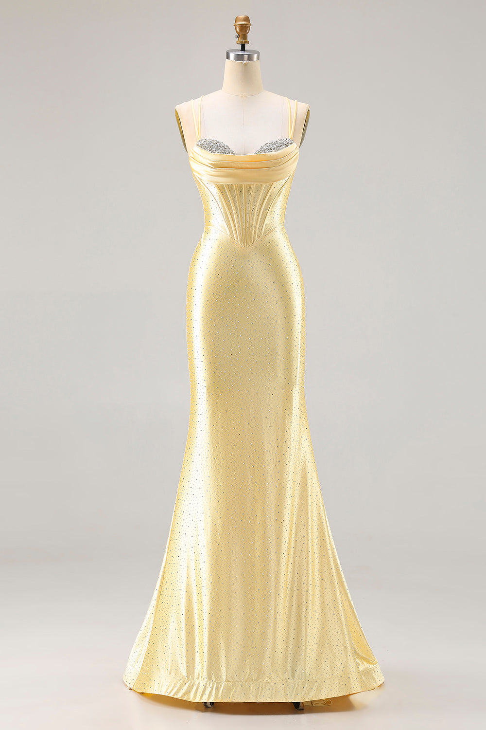 Light Yellow Mermaid Spaghetti Straps Beaded Corset Long Prom Dress
