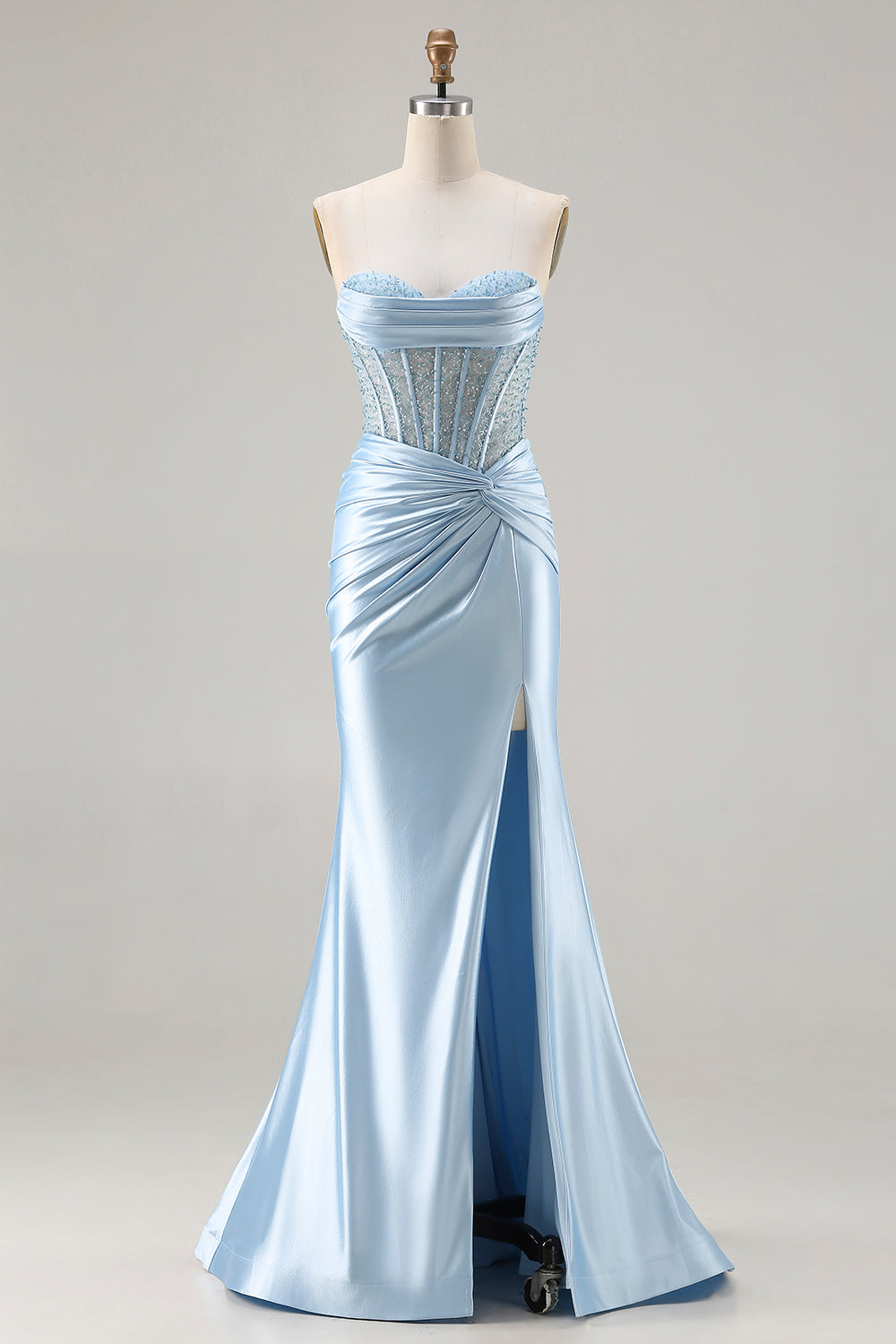 Strapless Sky Blue Mermaid Corset Beaded Long Prom Dress with Slit