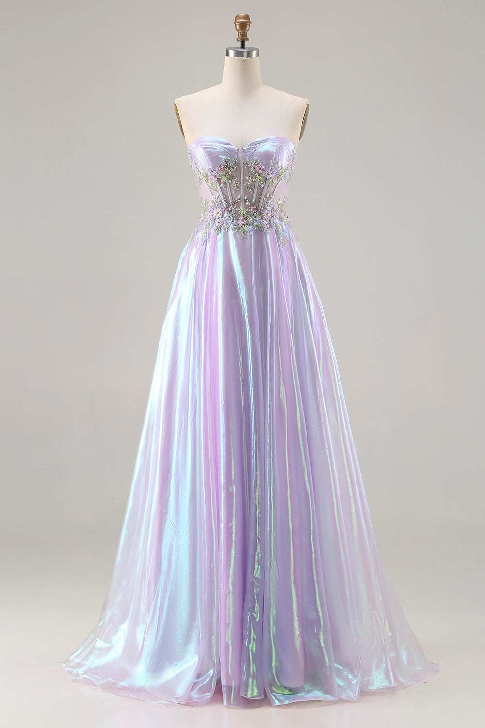Glitter Purple A Line Strapless Beaded Corset Long Prom Dress