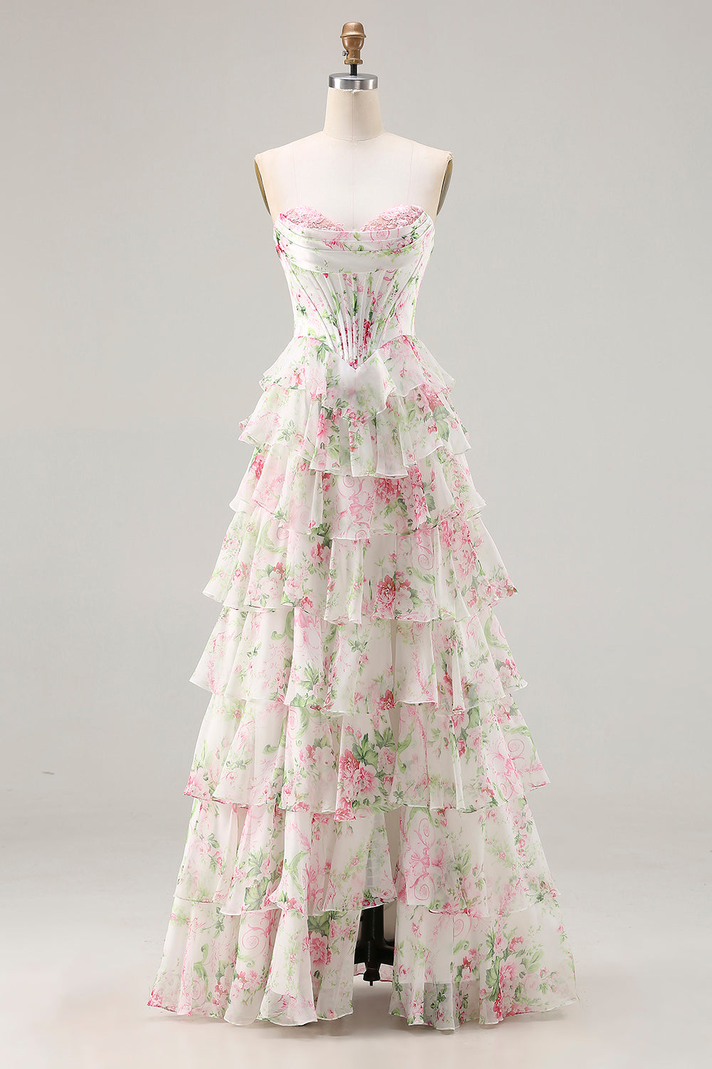 Strapless A Line Pink Floral Corset Tiered Ruffle Long Prom Dress with Slit